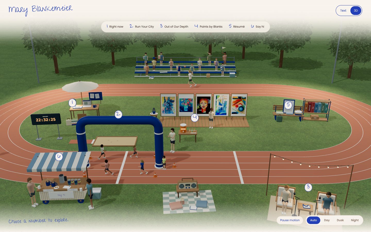 Example: a 3D running track with six numbered stops, one per section of the site